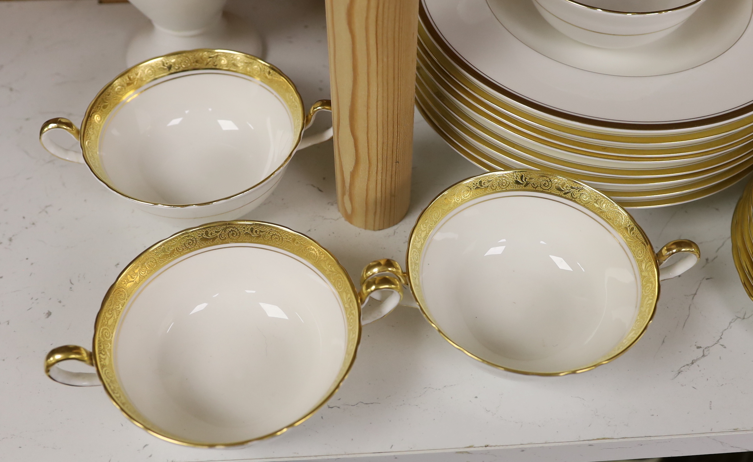 Anysley Argosy, Wedgwood Gold Florentine, Worcester gold decorated dinner wares including coffee pot, soup bowls, twin handled bowls and plates